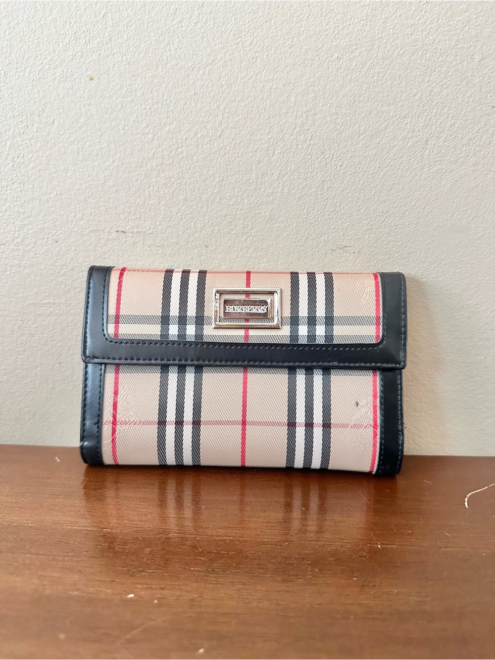 Burberry Nova Check Continental Flap Wallet with Black Trim and Silver Hardware